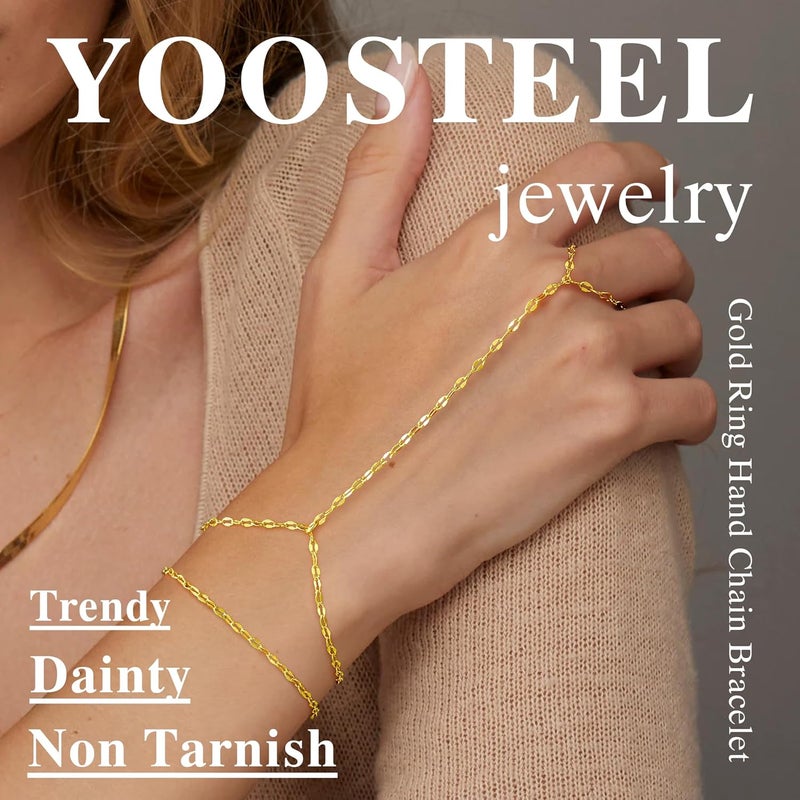 Yoosteel Hand Chain Bracelet for Women - Dainty 14K-Gold-Plated Finger Ring Hand Chains Layered Trendy Link Bracelets Jewelry Valentine's Day Gifts for Women - Image 4